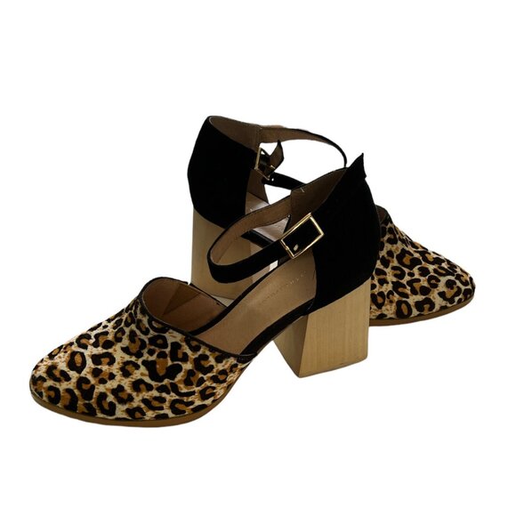 Anthropologie Calf Hair Leopard And Black Ankle Strap 3” Block Heels Size 7.5 - Picture 2 of 6